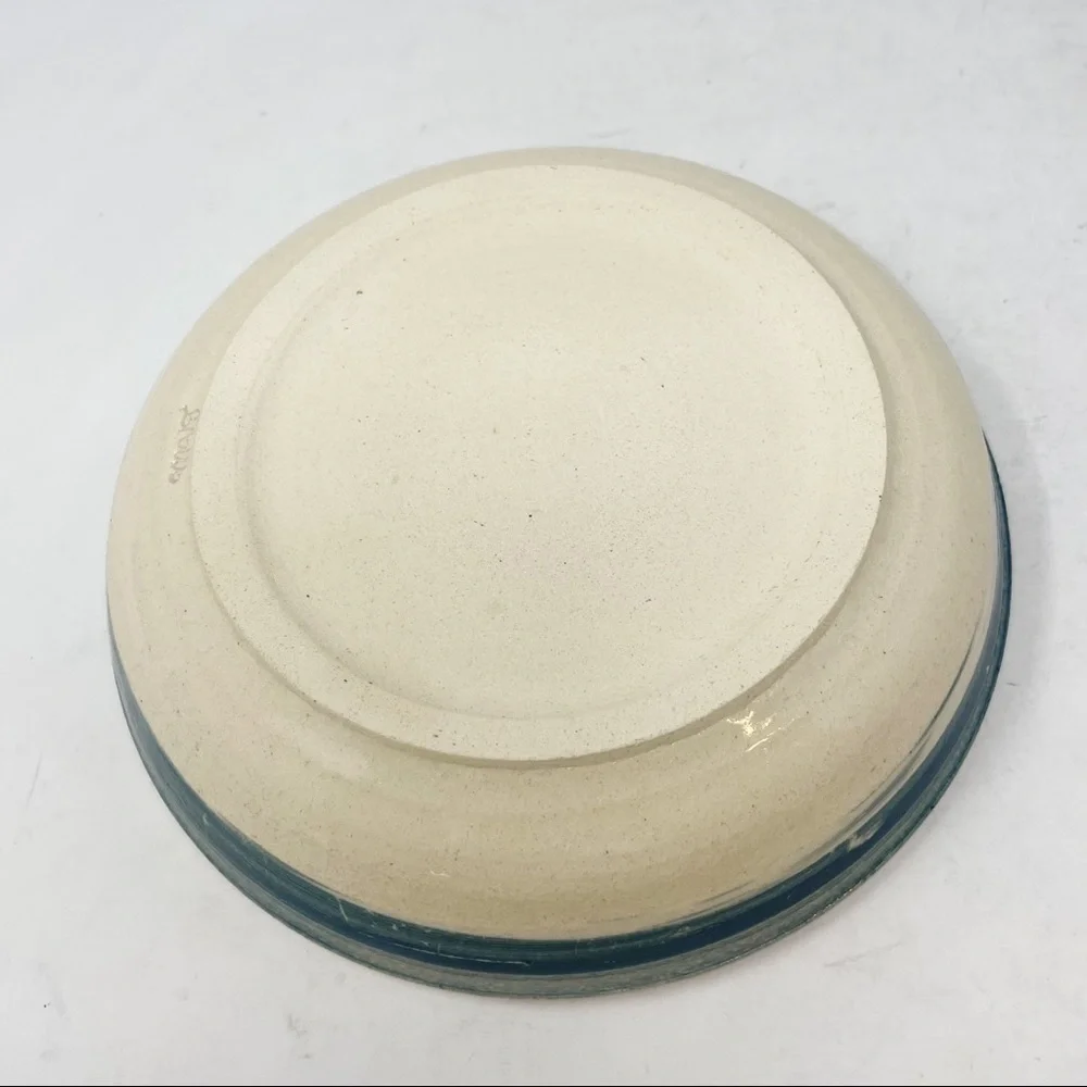 Signed Hand Thrown Artist Pottery Bowl Ivory Green Leaf Design 8.25” MVT Signed